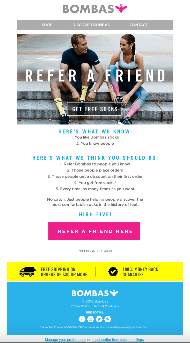 Bombas refer-a-friend invitation email.